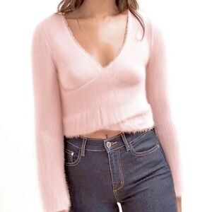 Dynamite Pink Fuzzy Cropped Wrap Sweater V Neck XS